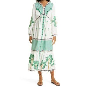 Farm Rio Palm Tree Embroidered Long Sleeve Dress White Women's Size XL